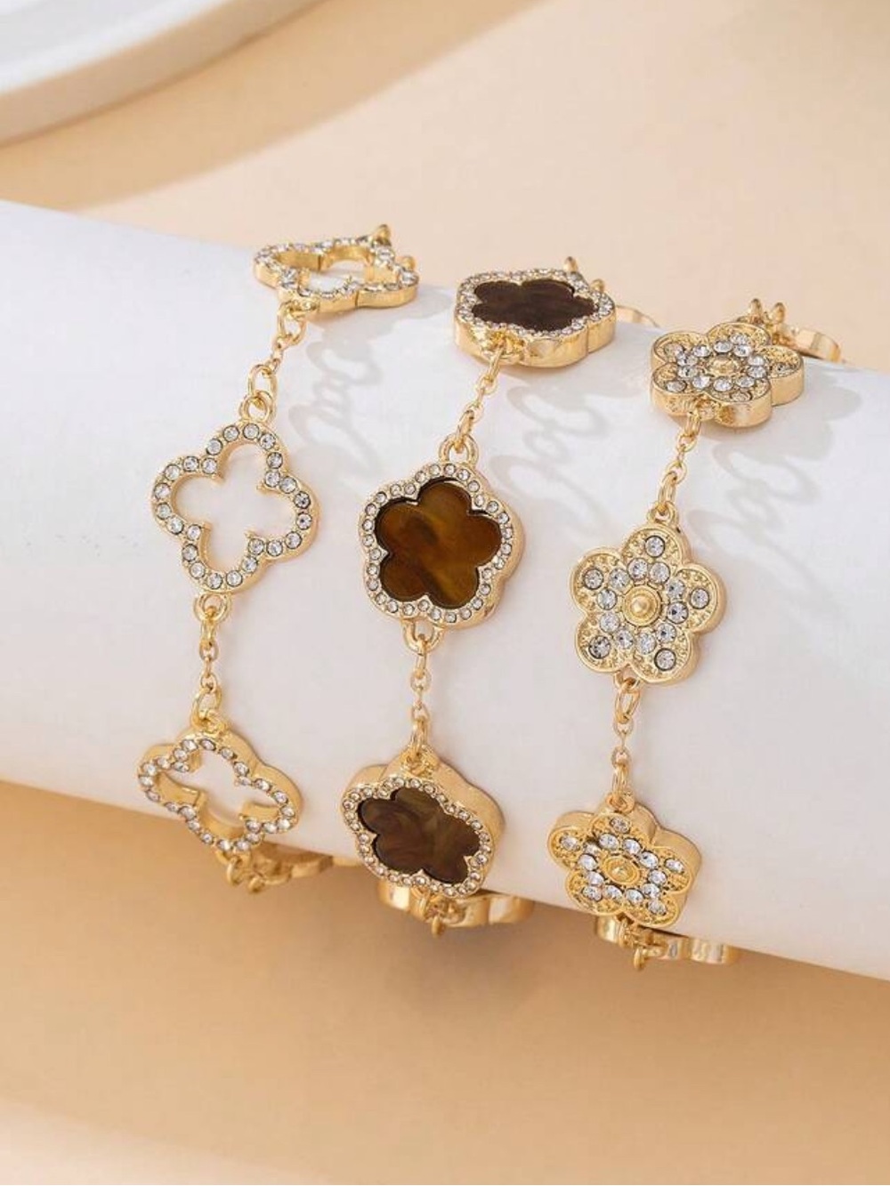 3 Piece Set Luxurious High End Gold Clover Link Bracelet with Rhinestone Accents